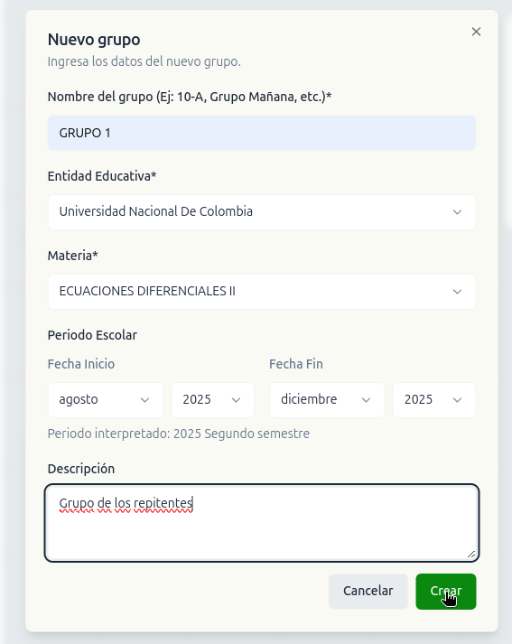 Formulario de nuevo grupo