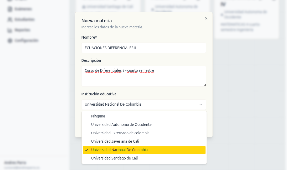 Formulario de nueva materia